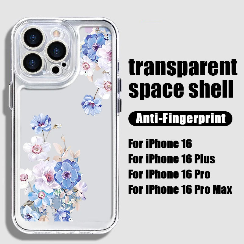 Flowers Printing Clear Phone Case For iPhone 16E 16 15 14 Pro Max 16 Plus 13 Pro Transparent Shockproof TPU Silicone Cover