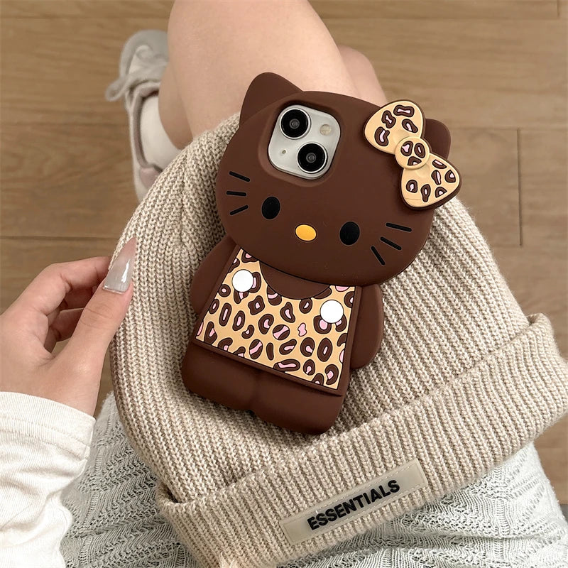 3D Cartoon Hello Kittty Phone Case for iPhone 16 Plus 15 14 13 12 Pro Max Sexy Leopard Print Bowknot Cases Soft Silicone Cover