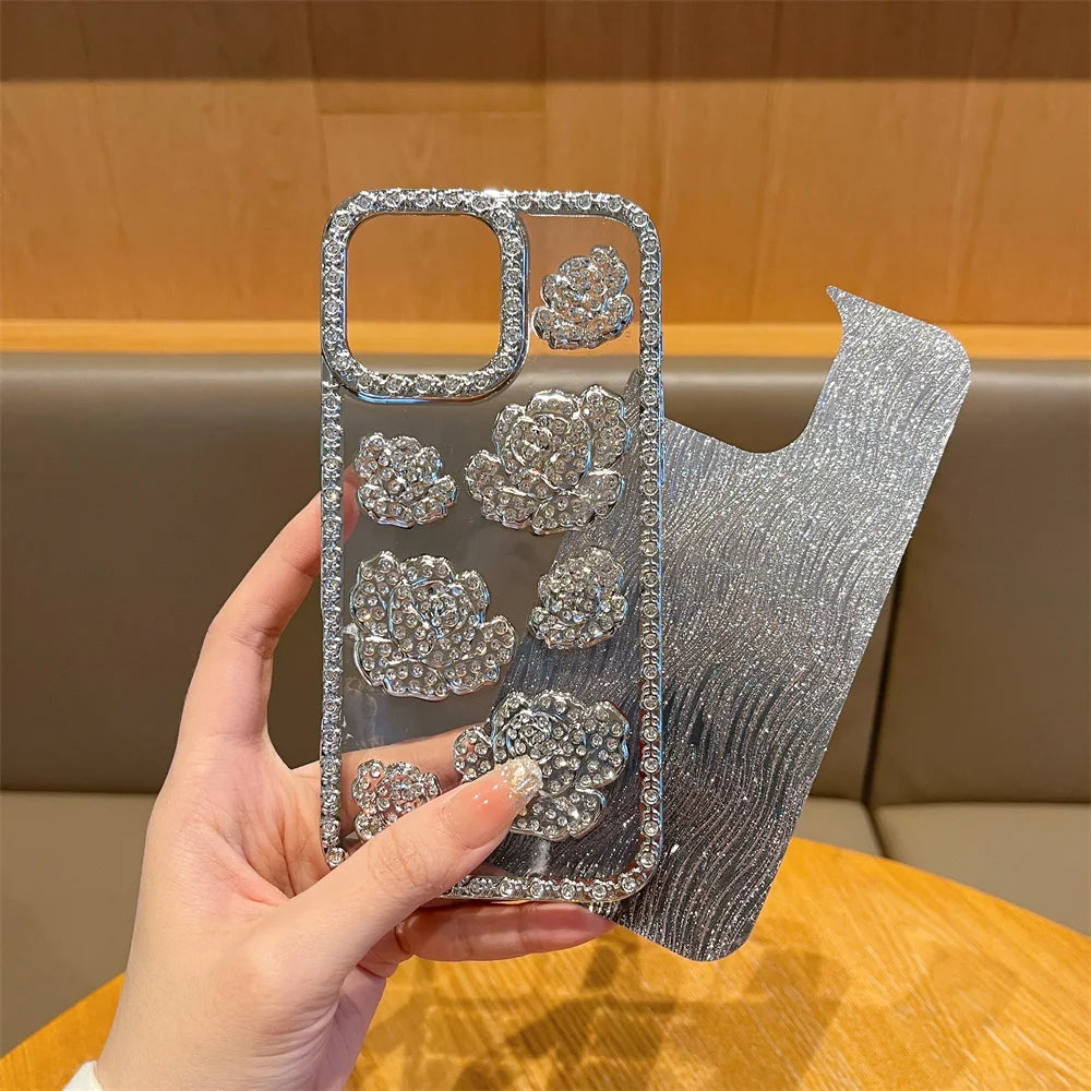 Fashion 3D Diamond Rose Phone Case for iPhone 16 15 14 13 Pro Max 16 Plus Bling Shiny Gradient Shockproof TPU Soft Cover