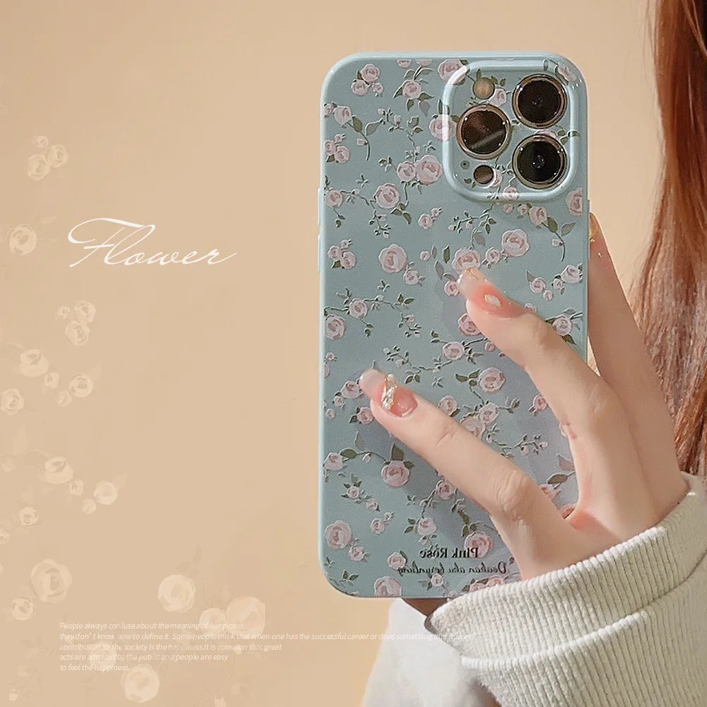 INS Beautiful Flower Phone Case For iPhone 16 15 14 13 12 11 Pro Max 14 Plus Vintage Floral Soft Shockproof Bumper Cover