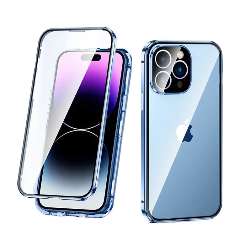 Magnetic Double Sided Tempered Glass Full Body Case for IPhone 15 14 13 12 Pro Max Plus Lens Protection Metal Bumper Cover