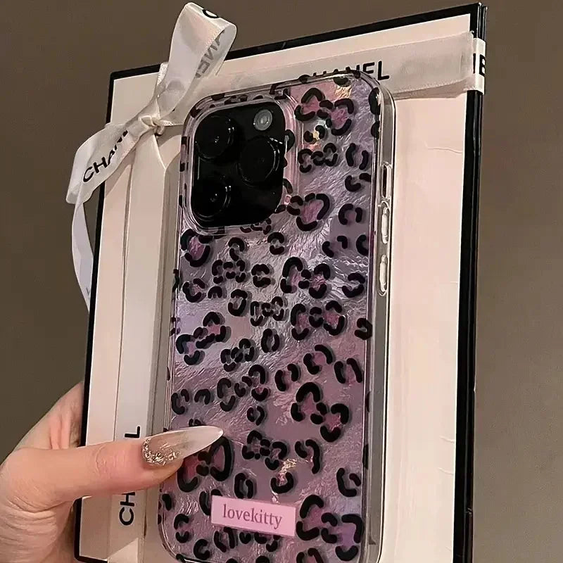 Pink Leopard Print Phone Case for IPhone 16 17 15 14 Pro Max 13 12 11 Pro Max 16e 14 Plus XS XR X17 Air Tinfoil Pattern Cover