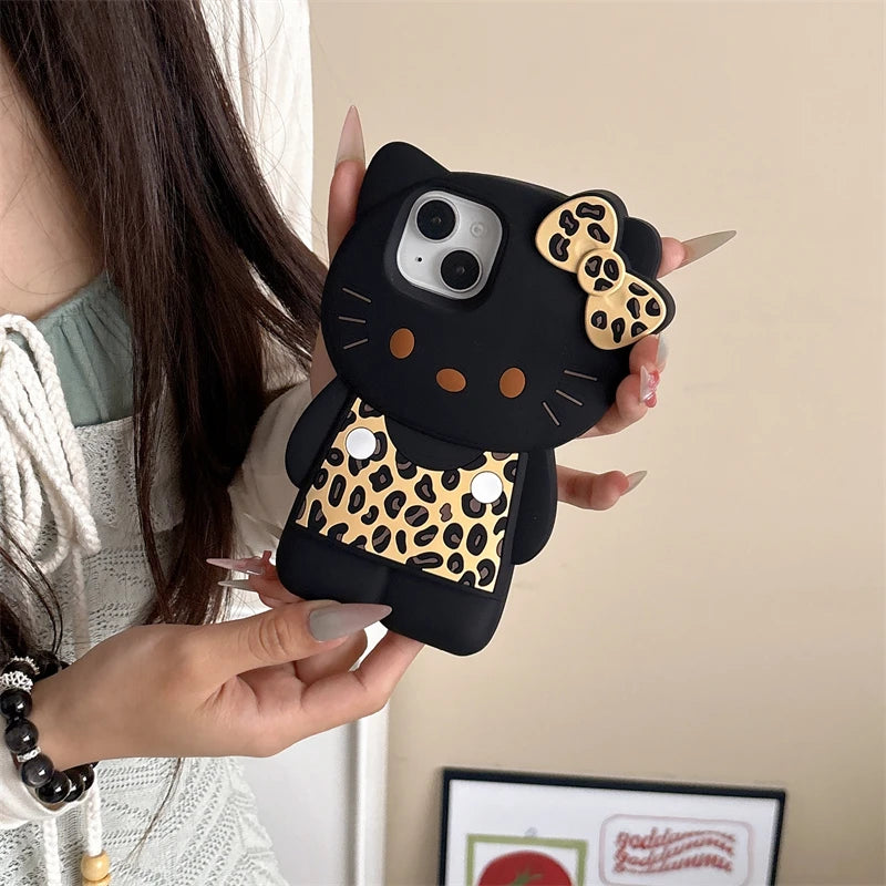3D Cartoon Hello Kittty Phone Case for iPhone 16 Plus 15 14 13 12 Pro Max Sexy Leopard Print Bowknot Cases Soft Silicone Cover
