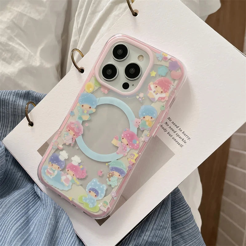 Kawaii Cartoon Magnetic Stand Phone Case For iPhone 16 Pro 15 14 13 Pro Max Cover for Magsafe Shockproof Silicone Cute Cases