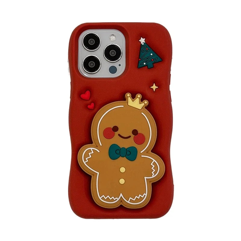 Red Christmas Gingerbread Man Folding Bracket Case For iPhone 11 12 13 15 16 Pro Max 14 Plus Soft Silicone 3D Holder Back Cover