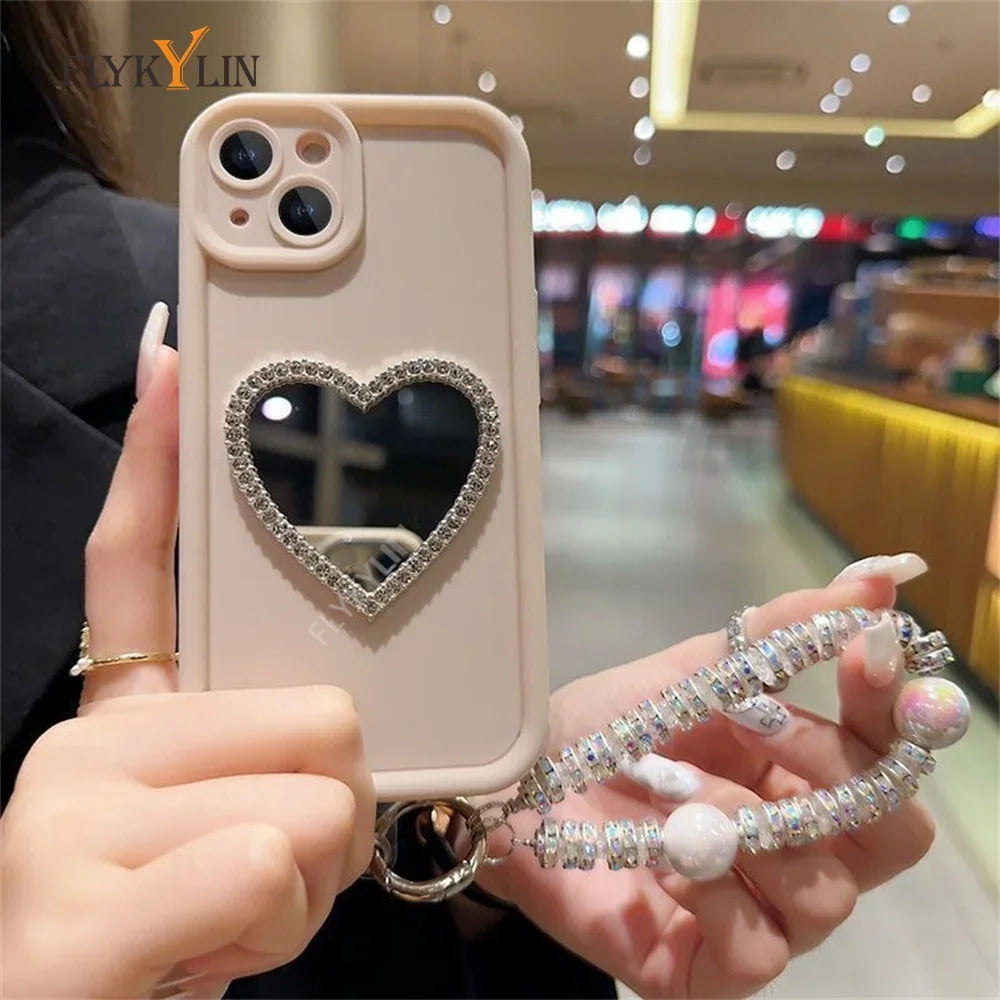 Love Heart Diamond Mirror Phone Case For Xiaomi Redmi Note 14 13 12 Pro 5G 12S 9S 10S 11 11S Pro Soft Silicone With Bracelet