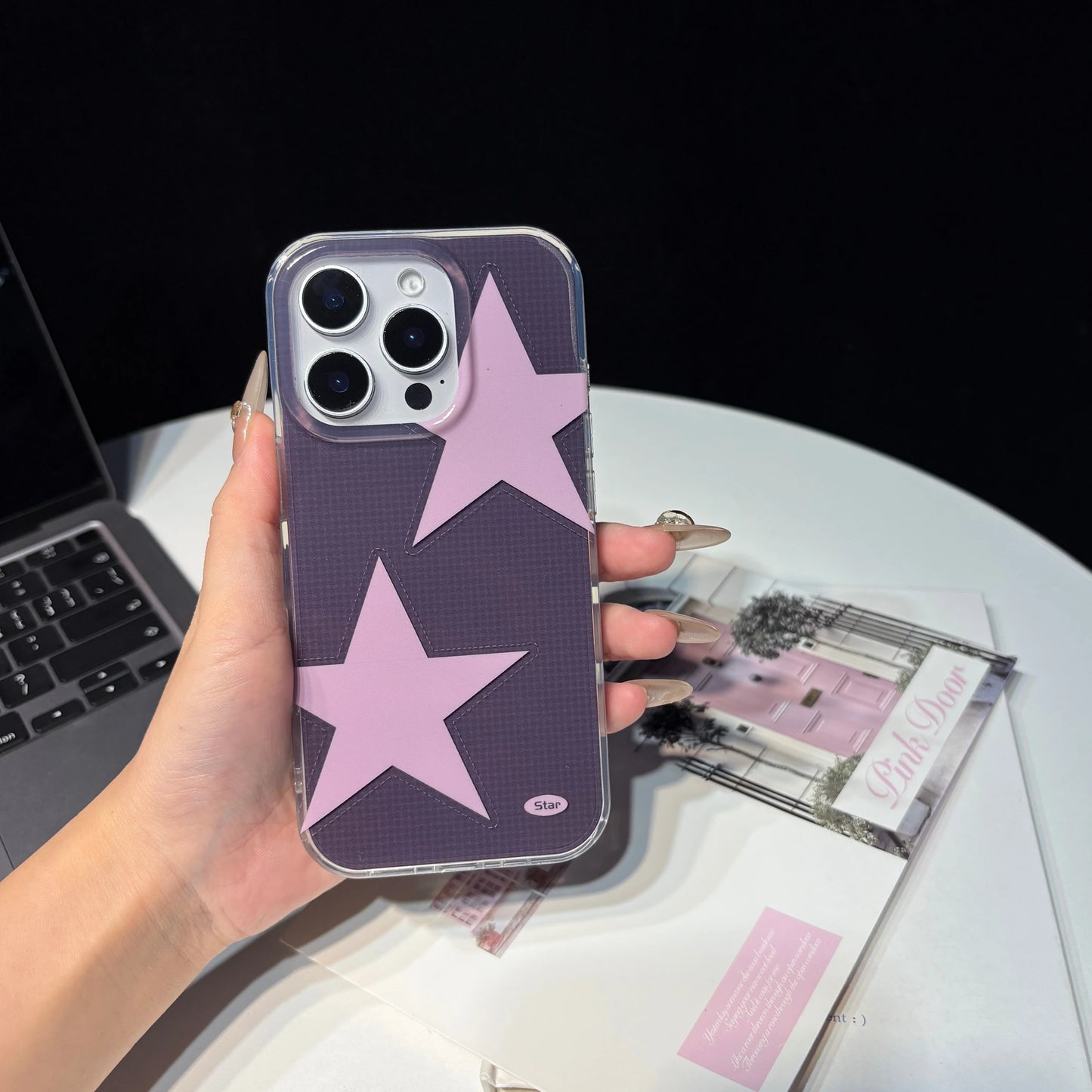 Fashion Y2K Style Blue Pink Big Five-Pointed Star Plaid Glossy Phone Case Suitable for iPhone 17 17 Pro 16 15 14 13 Pro Max