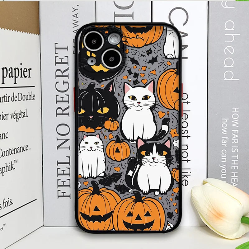Halloween Cartoon Pumpkin Black Cat Phone Case For iPhone 16 15 14 13 12 11 Pro Max Mini X XS XR 7 Plus Shockproof Cover Fundas