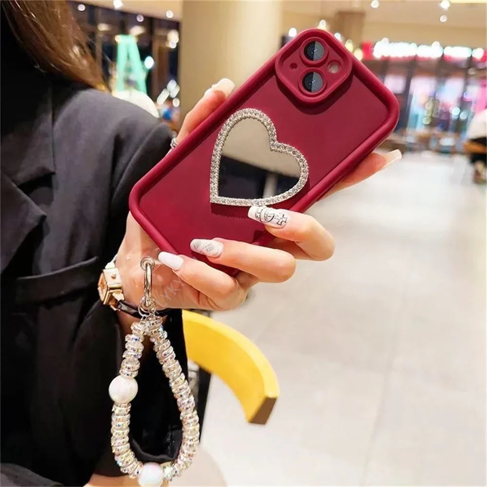 Love Heart Diamond Mirror Phone Case For Xiaomi Redmi Note 14 13 12 Pro 5G 12S 9S 10S 11 11S Pro Soft Silicone With Bracelet