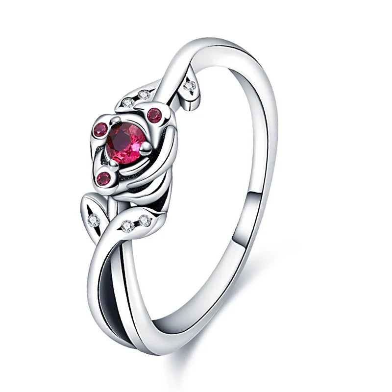 925 Sterling Silver Pink Heart Rose Flower Ring