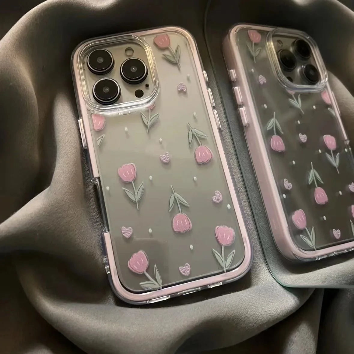 Luxury Tulips Flower Clear Phone Case For iPhone 16 15 14 13 12 Pro Max Pink Soft Transparent Shockproof Cover Conque
