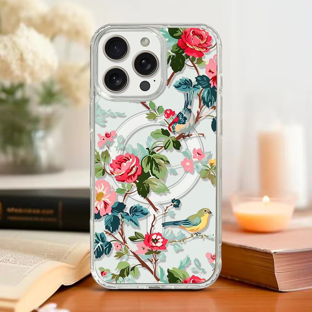 Flowers and Birds Magnetic Phone Case for iPhone 16 pro max 15 Plus 14 13 12 Mini Transparent Case