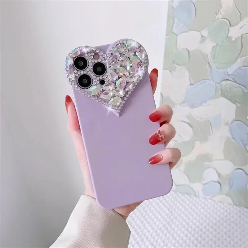 Love Heart Rhinestone Protect Lens Phone Case For IPhone 16 15 14 13 12 Pro Xs Max TPU Shockproof Back Cover