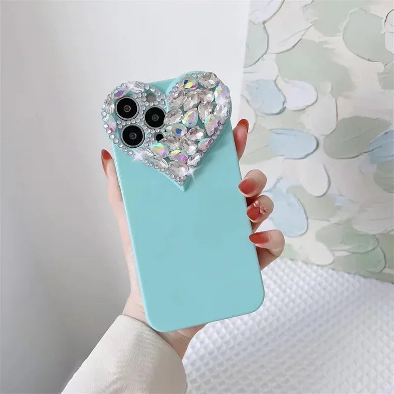 Love Heart Rhinestone Protect Lens Phone Case For IPhone 16 15 14 13 12 Pro Xs Max TPU Shockproof Back Cover