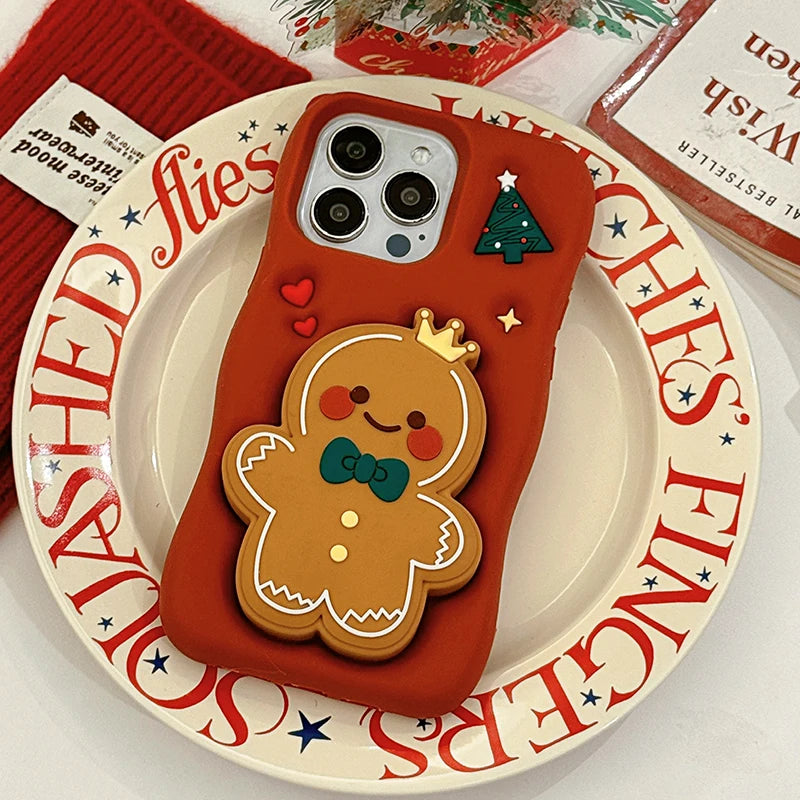 Red Christmas Gingerbread Man Folding Bracket Case For iPhone 11 12 13 15 16 Pro Max 14 Plus Soft Silicone 3D Holder Back Cover