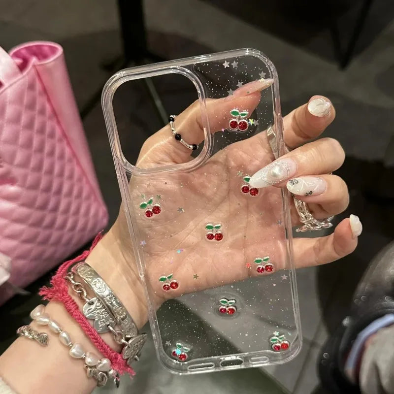 Cute Epoxy Cherry Glitter Clear Phone Case For iPhone 16 15 14 13 12 Pro Max Luxury Sequins Glitter Back Cover