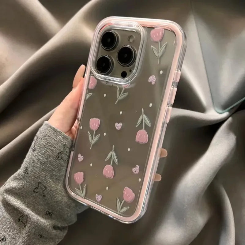 Luxury Tulips Flower Clear Phone Case For iPhone 16 15 14 13 12 Pro Max Pink Soft Transparent Shockproof Cover Conque
