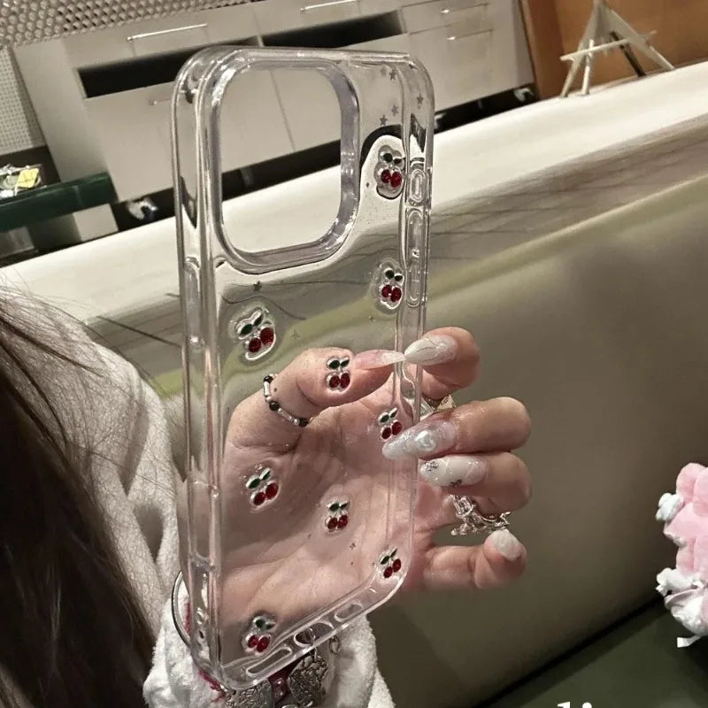 Cute Epoxy Cherry Glitter Clear Phone Case For iPhone 16 15 14 13 12 Pro Max Luxury Sequins Glitter Back Cover