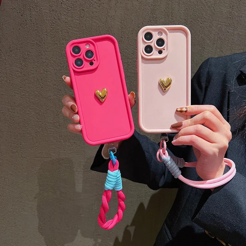 3D Gold Heart Soft Lanyard Rope Phone Case For iPhone 17 16 15 14 13 12 11 Pro Max X XS XR 7 8 Plus Hand Strap Shockproof Cover