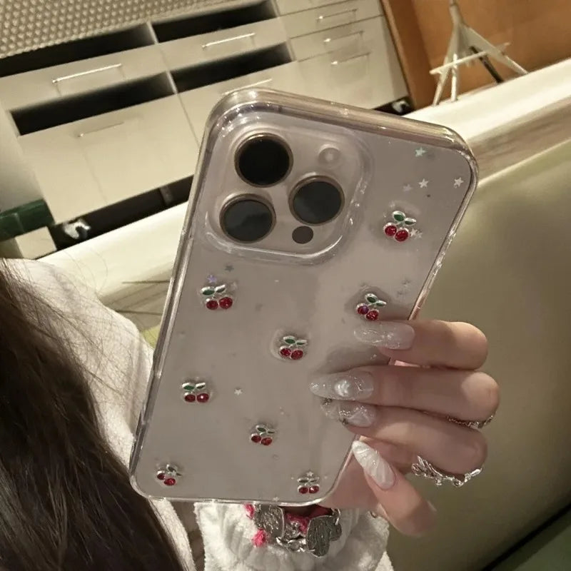Cute Epoxy Cherry Glitter Clear Phone Case For iPhone 16 15 14 13 12 Pro Max Luxury Sequins Glitter Back Cover