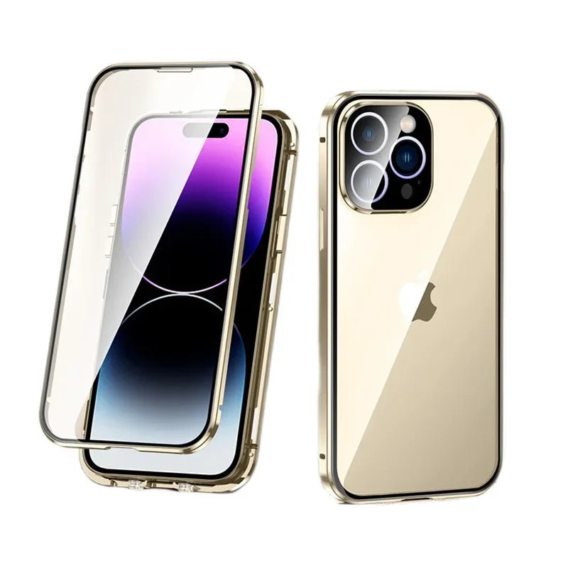 Magnetic Double Sided Tempered Glass Full Body Case for IPhone 15 14 13 12 Pro Max Plus Lens Protection Metal Bumper Cover