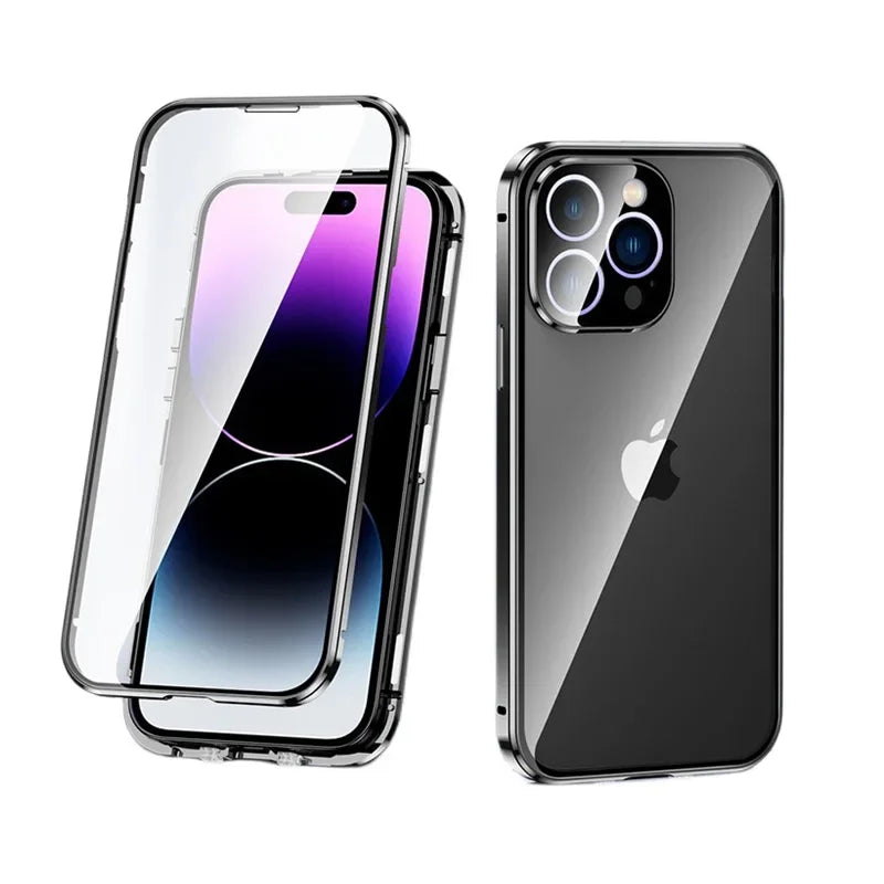 Magnetic Double Sided Tempered Glass Full Body Case for IPhone 15 14 13 12 Pro Max Plus Lens Protection Metal Bumper Cover