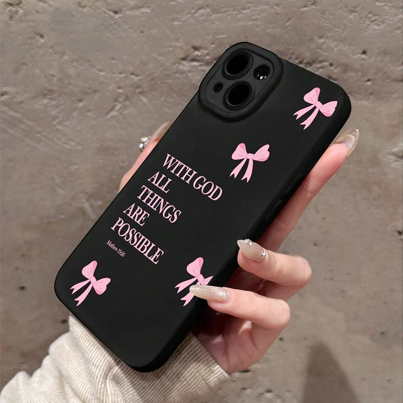inimalist Pink Girly Bow Slogan Phone Case For iPhone 16 15 14 13 12 11 Pro Max 7 8 Plus SE XS X XR 2025 16E Soft Silicone Cover