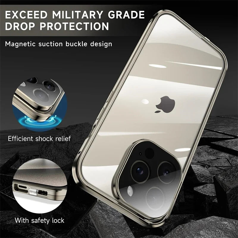 Magnetic Double Sided Tempered Glass Full Body Case for IPhone 15 14 13 12 Pro Max Plus Lens Protection Metal Bumper Cover