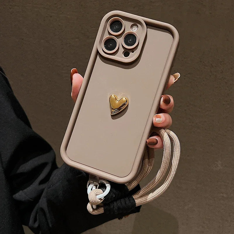 3D Gold Heart Soft Lanyard Rope Phone Case For iPhone 17 16 15 14 13 12 11 Pro Max X XS XR 7 8 Plus Hand Strap Shockproof Cover