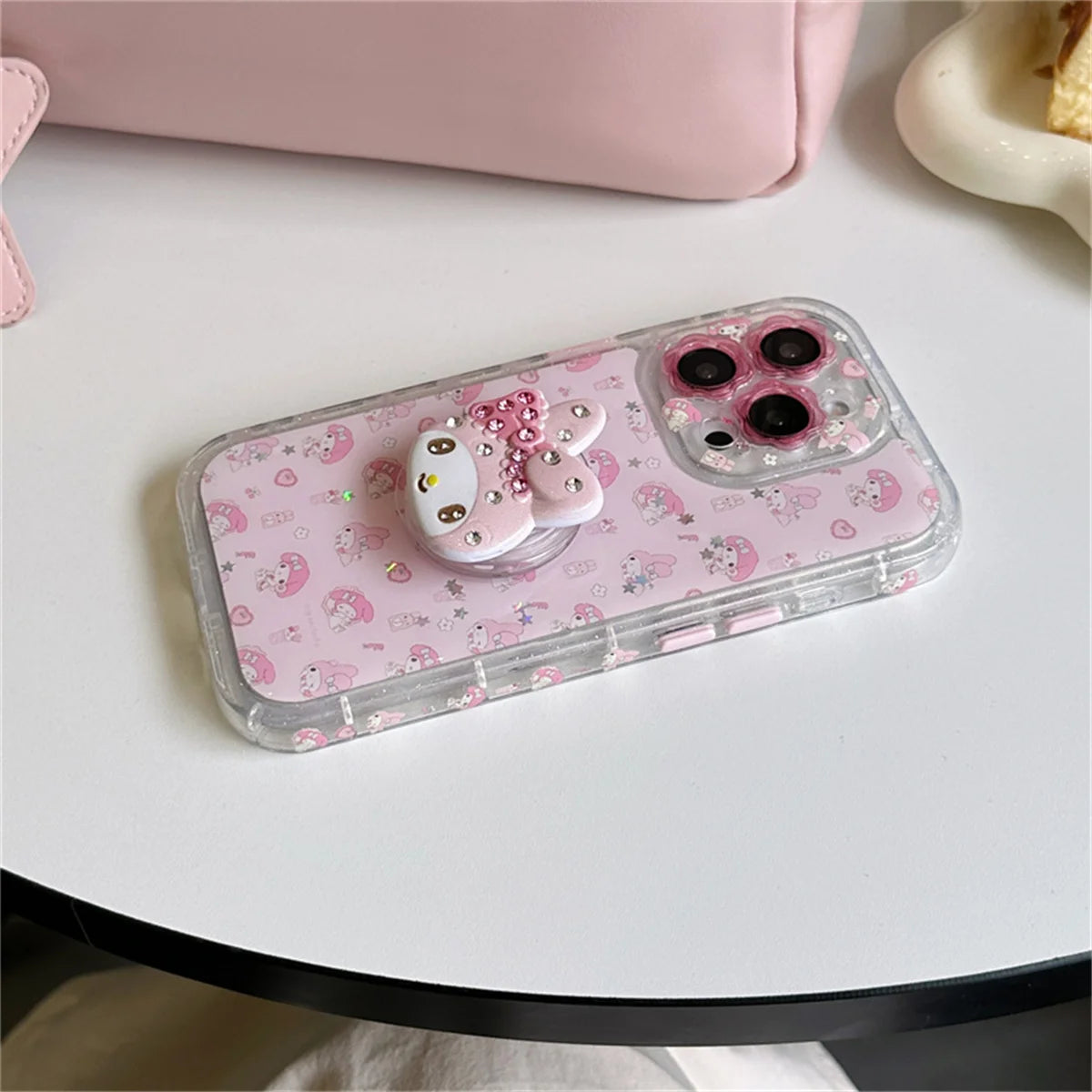 Cute Cartoon Pink Diamond Melody Magnetic Stand Case For iPhone 16 14 Pro 13 15 Pro Max Phone Cover For Magsafe Cases Funda