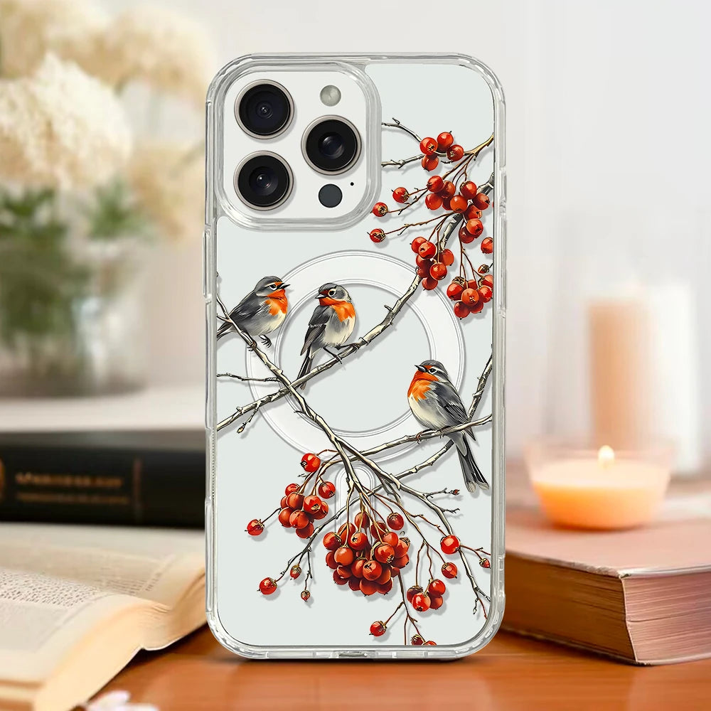 Flowers and Birds Magnetic Phone Case for iPhone 16 pro max 15 Plus 14 13 12 Mini Transparent Case
