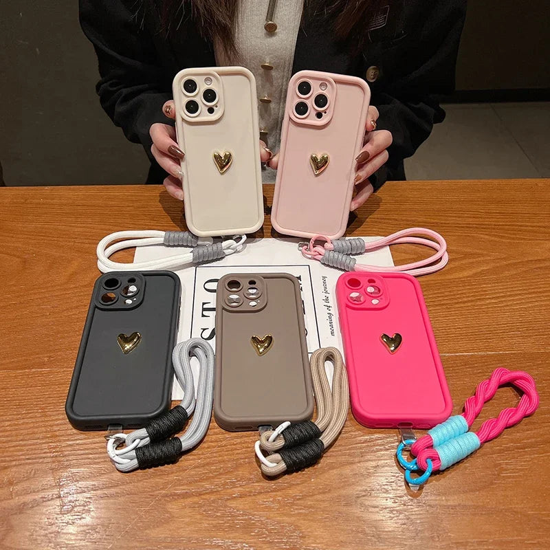 3D Gold Heart Soft Lanyard Rope Phone Case For iPhone 17 16 15 14 13 12 11 Pro Max X XS XR 7 8 Plus Hand Strap Shockproof Cover