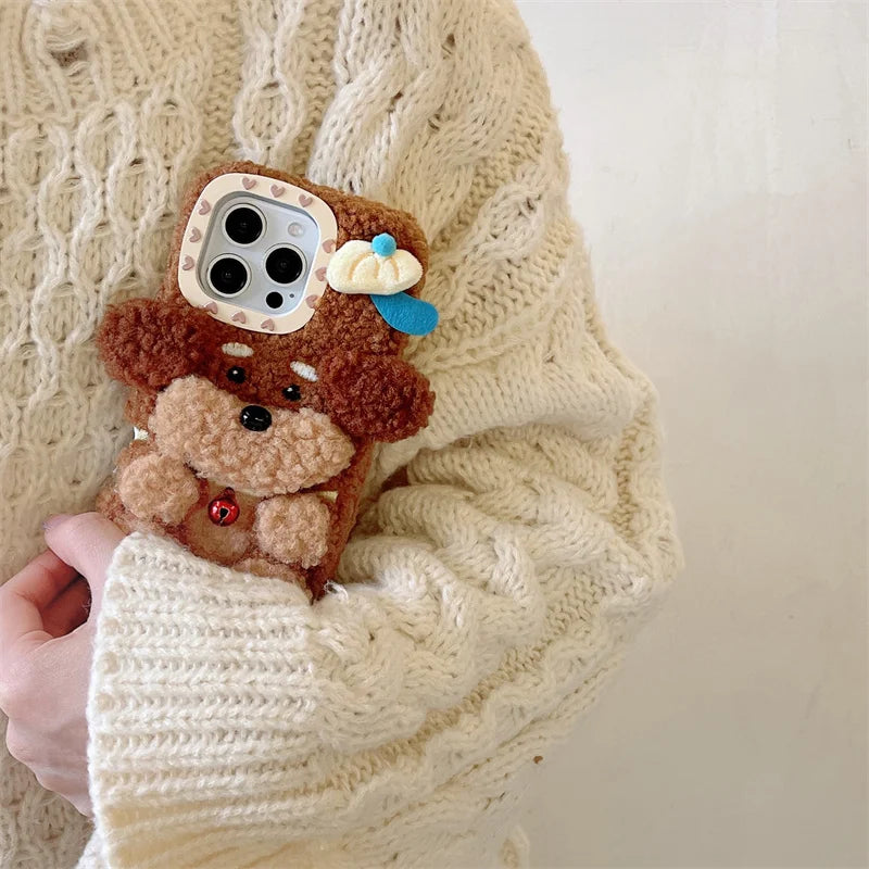 Cute plush puppy phone case for iPhone 16Promax 15pro 14 13pro 12 11 Korean cartoon furry fun female silicone lamb full cover