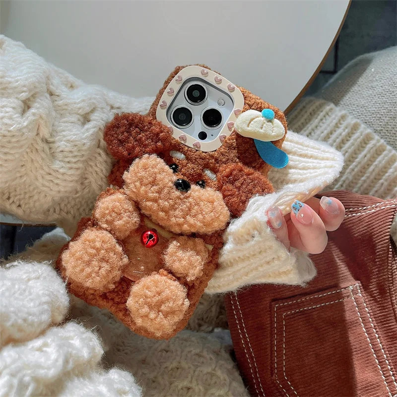 Cute plush puppy phone case for iPhone 16Promax 15pro 14 13pro 12 11 Korean cartoon furry fun female silicone lamb full cover