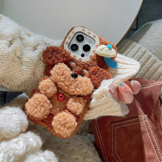 Cute plush puppy phone case for iPhone 16Promax 15pro 14 13pro 12 11 Korean cartoon furry fun female silicone lamb full cover