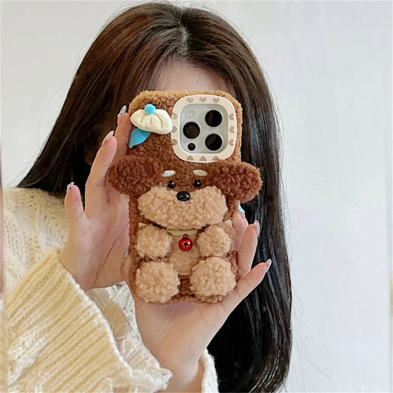 Cute plush puppy phone case for iPhone 16Promax 15pro 14 13pro 12 11 Korean cartoon furry fun female silicone lamb full cover