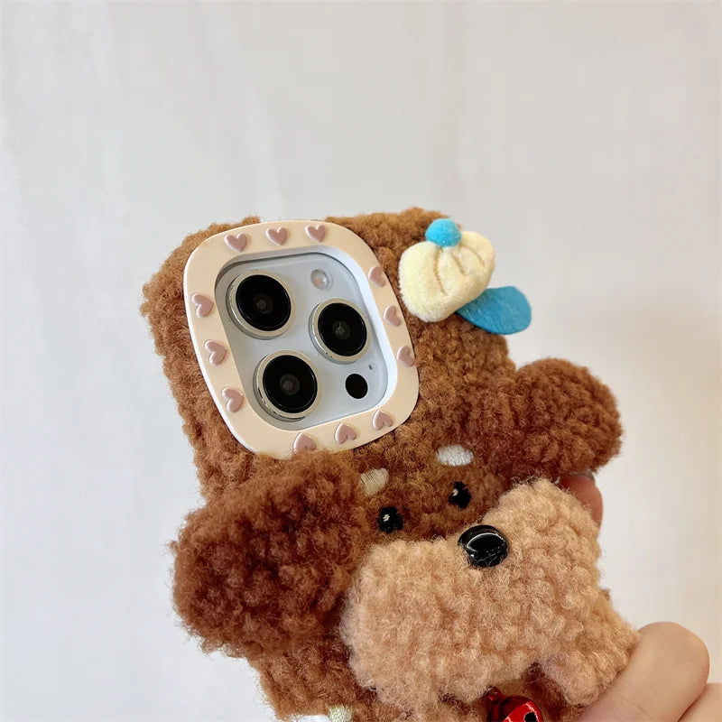 Cute plush puppy phone case for iPhone 16Promax 15pro 14 13pro 12 11 Korean cartoon furry fun female silicone lamb full cover