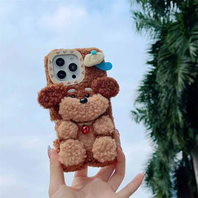 Cute plush puppy phone case for iPhone 16Promax 15pro 14 13pro 12 11 Korean cartoon furry fun female silicone lamb full cover
