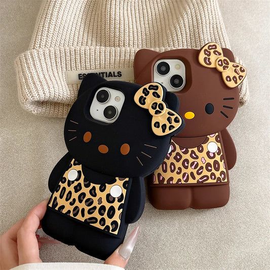 3D Cartoon Hello Kittty Phone Case for iPhone 16 Plus 15 14 13 12 Pro Max Sexy Leopard Print Bowknot Cases Soft Silicone Cover