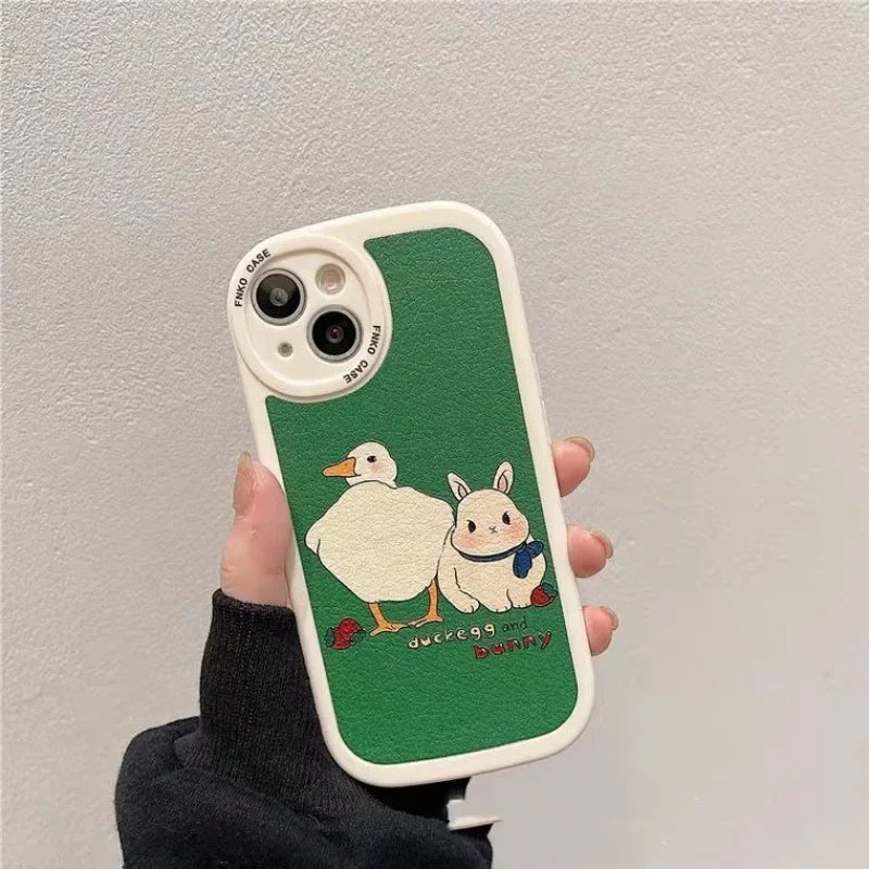Cute Duck Rabbit Phone Case For iPhone 16 15 14 13 12 11 Pro Max Mini X XS XR 7 8 Plus SE Korean Green Leather