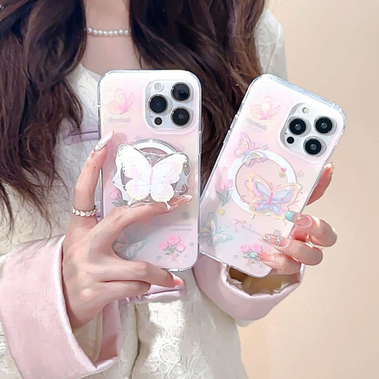 Magnetic rose butterfly phone case with holder For iPhone 11 12 13 14 15 16 17 Pro max