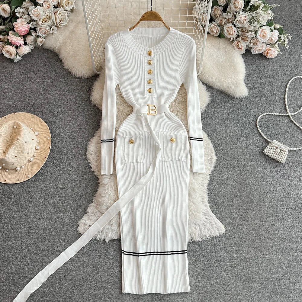 Elegant Rib Knit Long Pencil Dress
