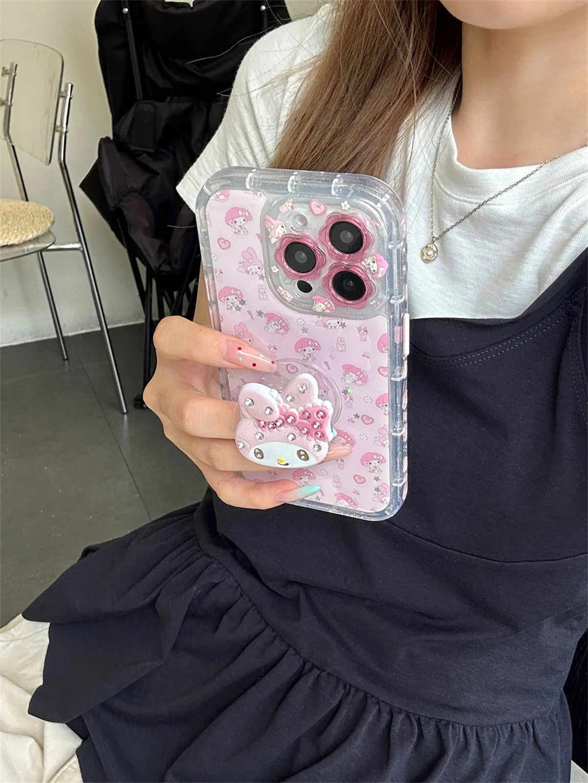 Cute Cartoon Pink Diamond Melody Magnetic Stand Case For iPhone 16 14 Pro 13 15 Pro Max Phone Cover For Magsafe Cases Funda