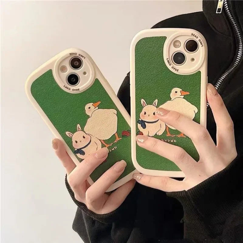 Cute Duck Rabbit Phone Case For iPhone 16 15 14 13 12 11 Pro Max Mini X XS XR 7 8 Plus SE Korean Green Leather