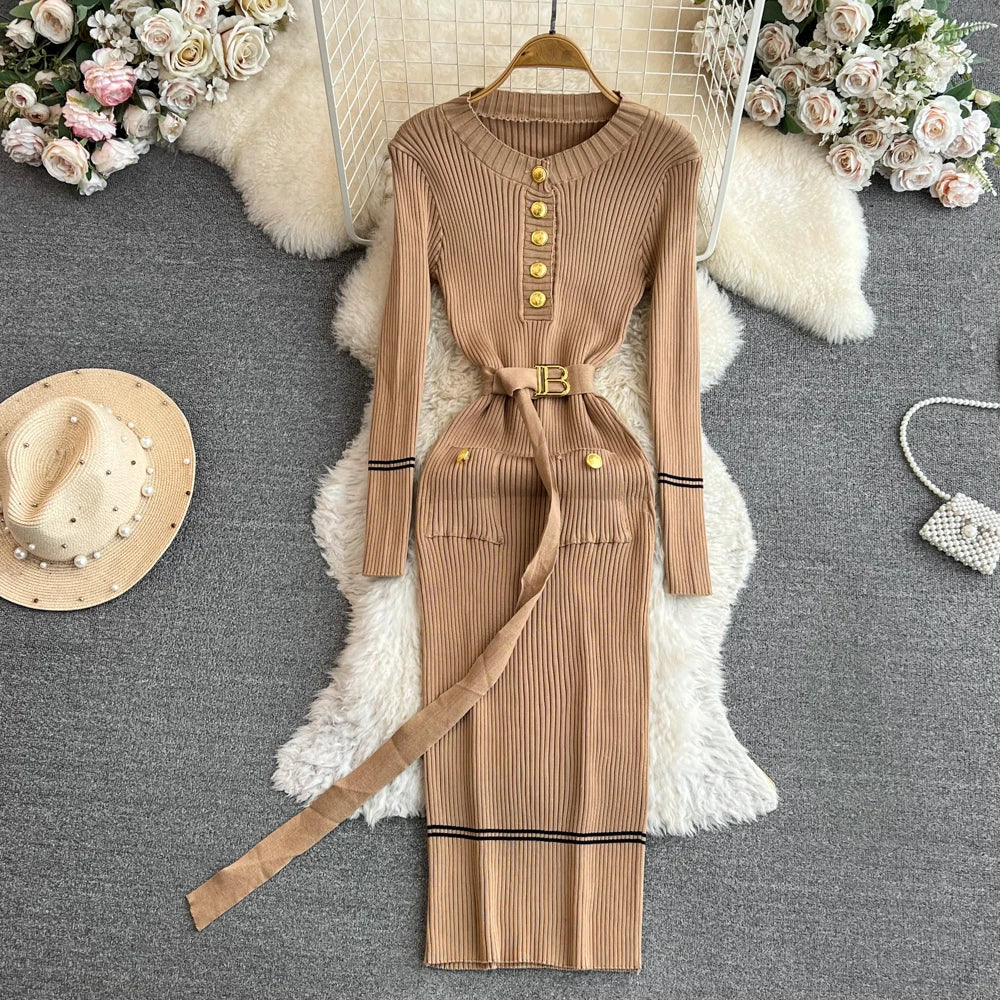 Elegant Rib Knit Long Pencil Dress