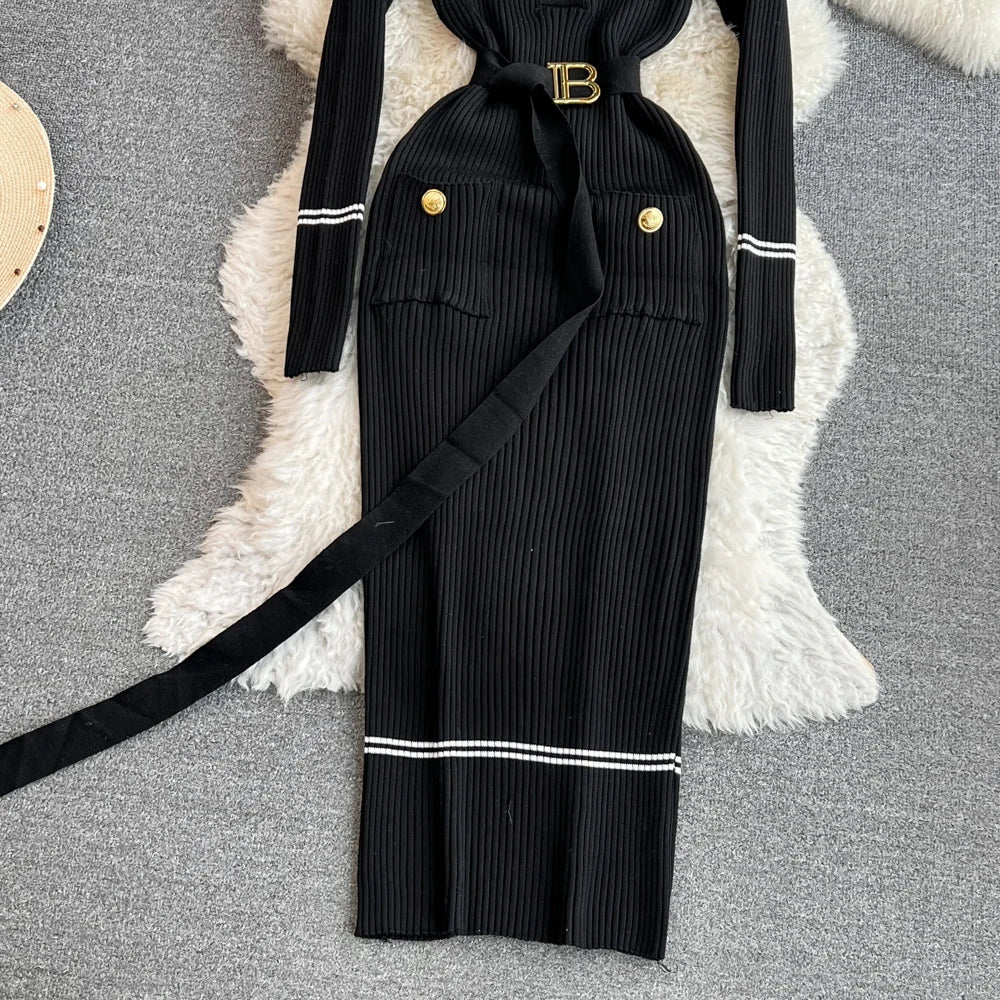 Elegant Rib Knit Long Pencil Dress