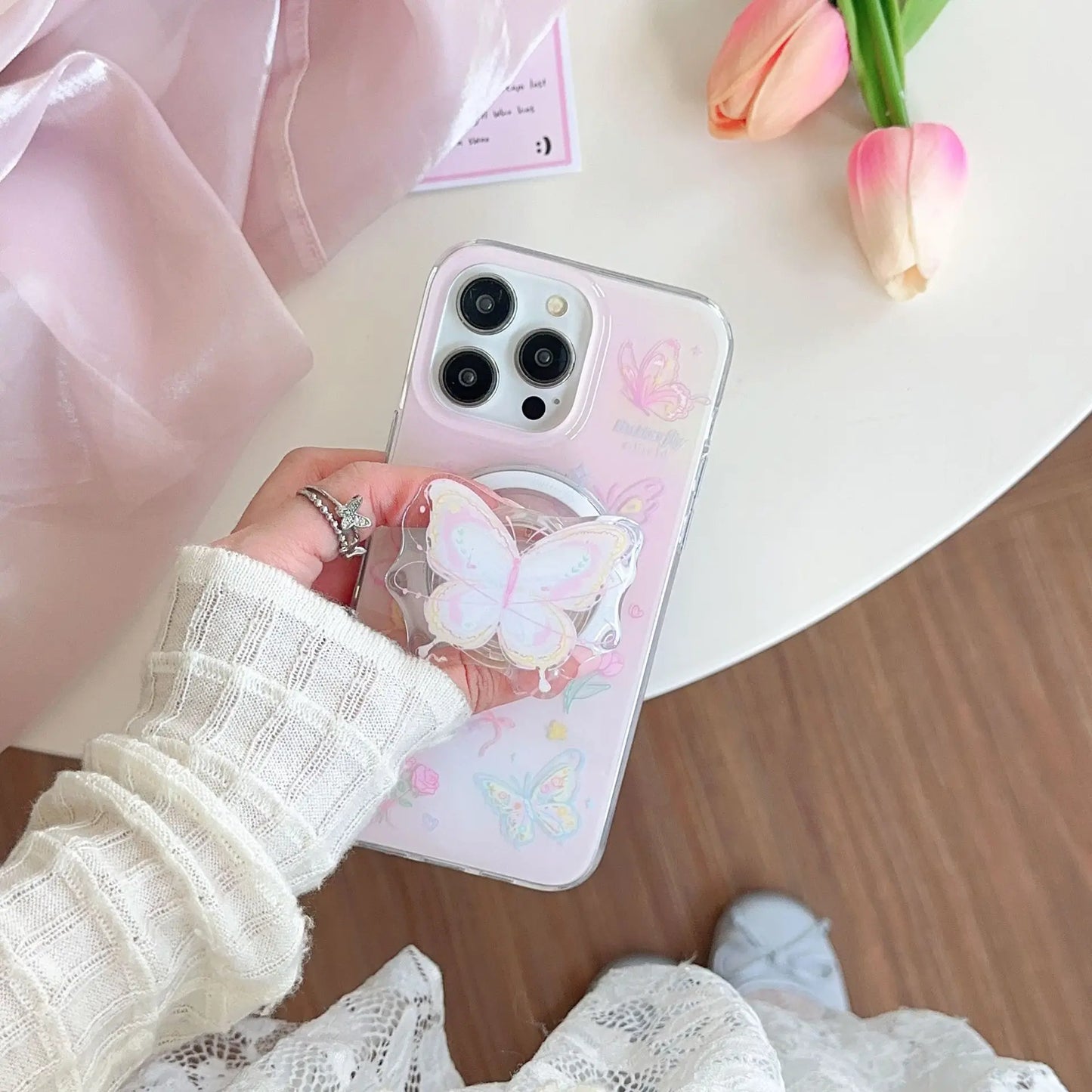 Magnetic rose butterfly phone case with holder For iPhone 11 12 13 14 15 16 17 Pro max