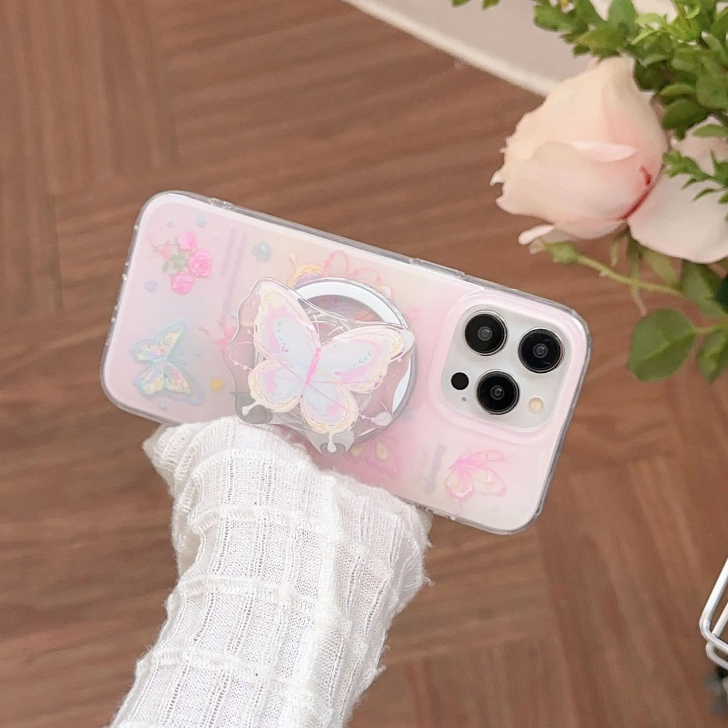 Magnetic rose butterfly phone case with holder For iPhone 11 12 13 14 15 16 17 Pro max