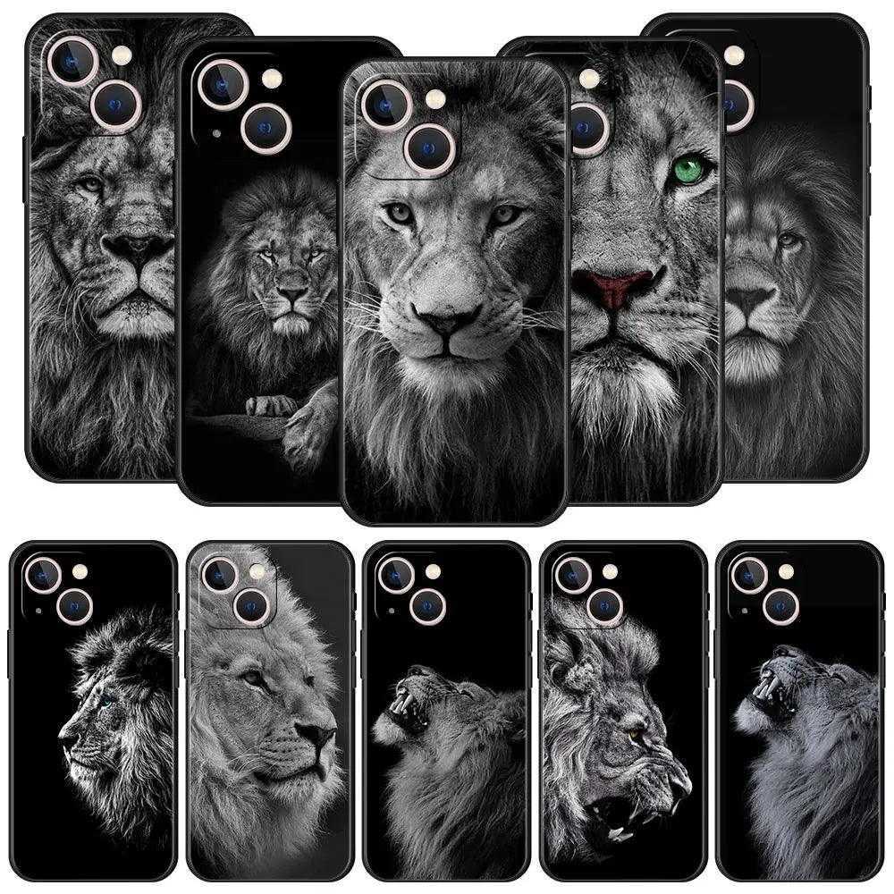 Lion Wild Animals Luxury Phone Case For iPhone 15 14 Pro MAX Plus Silicone Black Protection Cover