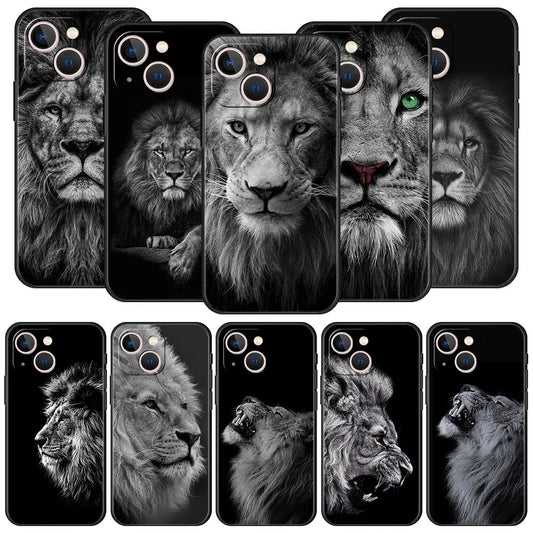 Lion Wild Animals Luxury Phone Case For iPhone 15 14 Pro MAX Plus Silicone Black Protection Cover